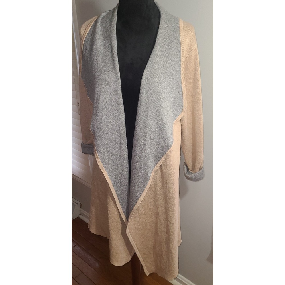 Chico's Beige Gray Window Pane Drape‎ Open Cardigan Sweater Sz 2 Lagenlook Layer
